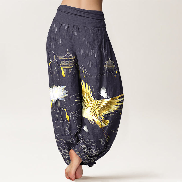 Buddha Stones Cotton Crane Lotus Mountain Pavilion Pattern Women's Elastic Waist Harem Pants - image 9