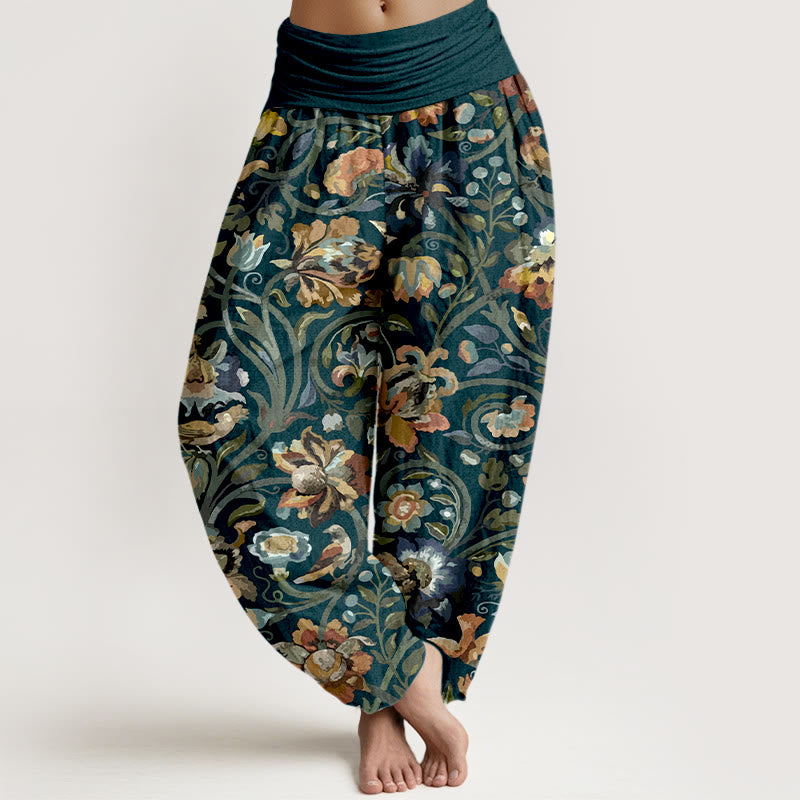Buddha Stones Cotton Retro Flowers Vines Bird Pattern Women's Elastic Waist Harem Pants - Navy - US16，UK/AU20，EU48 (3XL) - image 0