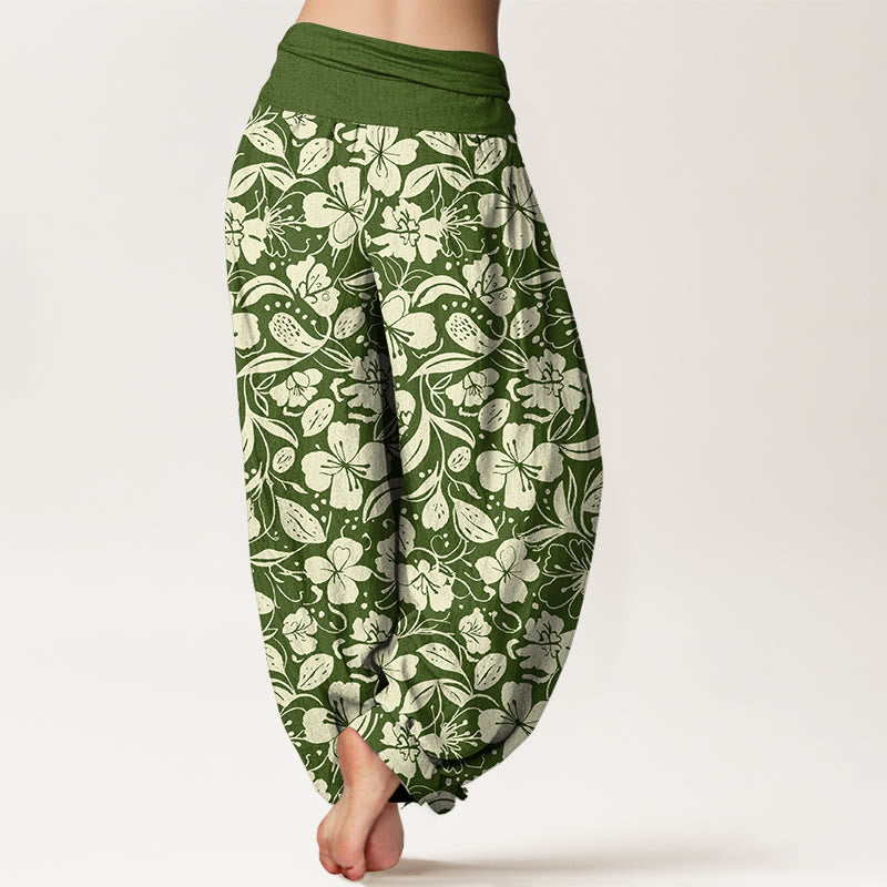 Buddha Stones Cotton Repeated Flowers Leaves Pattern Women's Elastic Waist Harem Pants - image 6