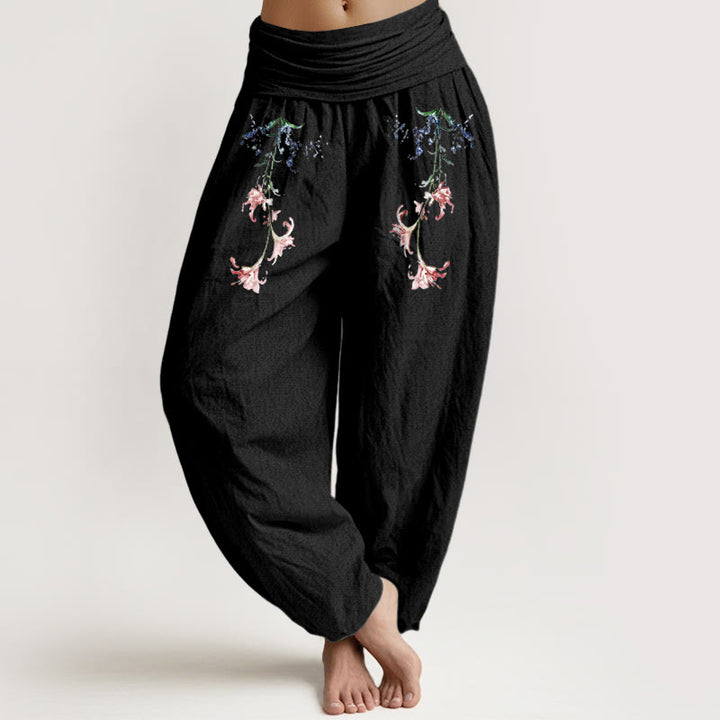 Buddha Stones Pure Cotton Simple Pastel Flower Pattern Women's Elastic Waist Harem Pants - Black - US16，UK/AU20，EU48 (3XL) - image 0