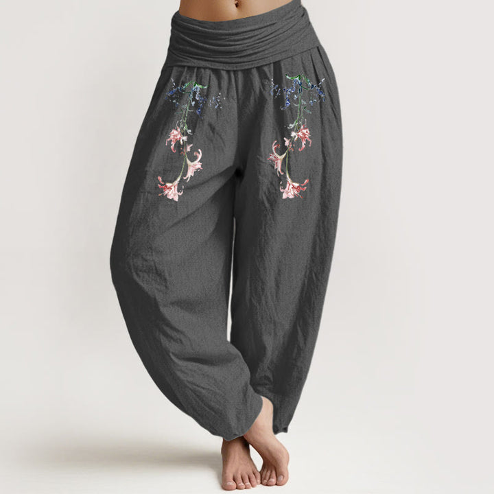 Buddha Stones Pure Cotton Simple Pastel Flower Pattern Women's Elastic Waist Harem Pants - DimGray - US16，UK/AU20，EU48 (3XL) - image 8