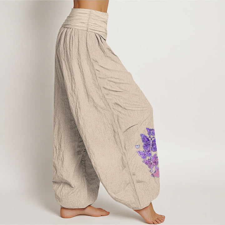 Buddha Stones Pure Cotton Pastel Butterfly Pattern Women's Elastic Waist Harem Pants - image 13