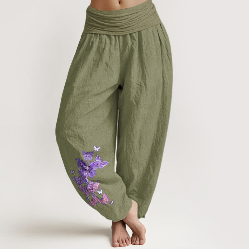 Buddha Stones Pure Cotton Pastel Butterfly Pattern Women's Elastic Waist Harem Pants - OliveDrab - US16，UK/AU20，EU48 (3XL) - image 14
