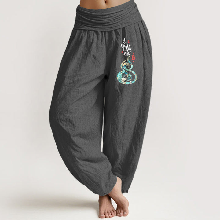 Buddha Stones Pure Cotton Chinese Characters Gourd Pattern Women's Elastic Waist Harem Pants - DimGray - US16，UK/AU20，EU48 (3XL) - image 8