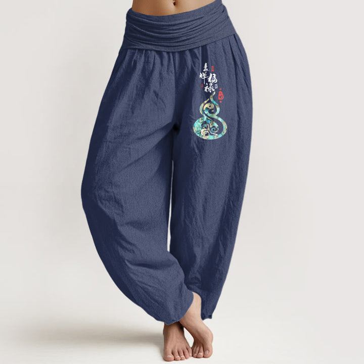 Buddha Stones Pure Cotton Chinese Characters Gourd Pattern Women's Elastic Waist Harem Pants - DarkSlateBlue - US16，UK/AU20，EU48 (3XL) - image 5