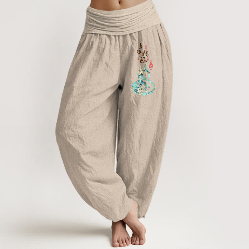 Buddha Stones Pure Cotton Chinese Characters Gourd Pattern Women's Elastic Waist Harem Pants - Tan - US16，UK/AU20，EU48 (3XL) - image 11