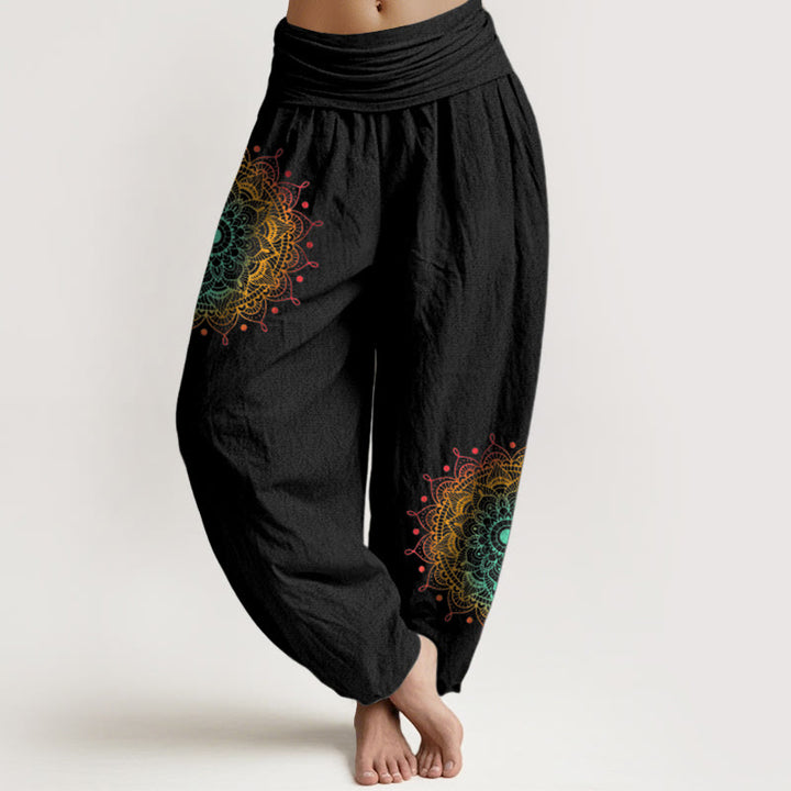 Buddha Stones Pure Cotton Simple Style Mandala Pattern Women's Elastic Waist Harem Pants - Black - US16，UK/AU20，EU48 (3XL) - image 0