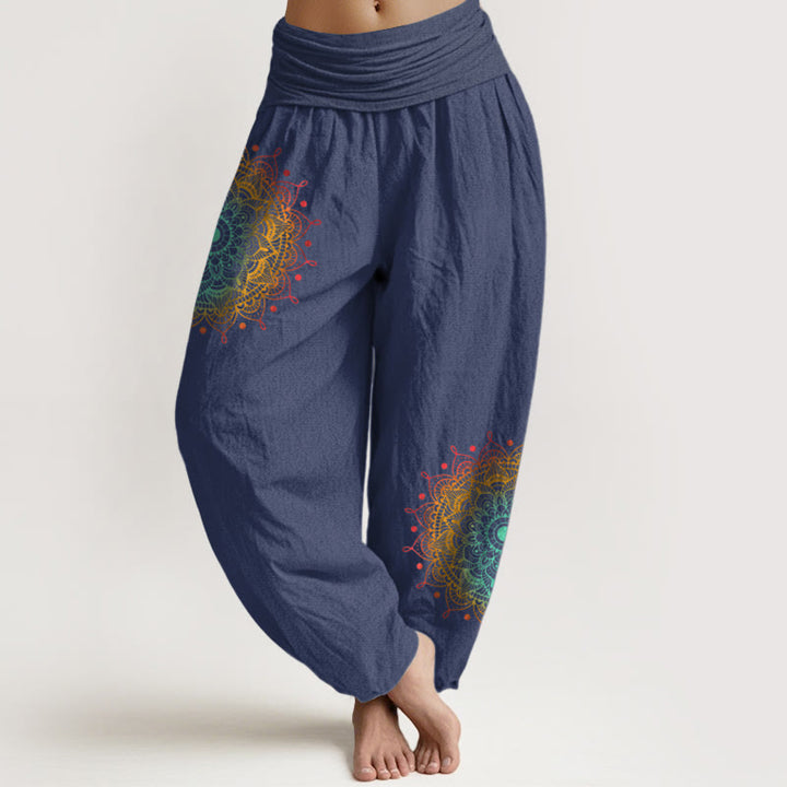 Buddha Stones Pure Cotton Simple Style Mandala Pattern Women's Elastic Waist Harem Pants - DarkSlateBlue - US16，UK/AU20，EU48 (3XL) - image 5