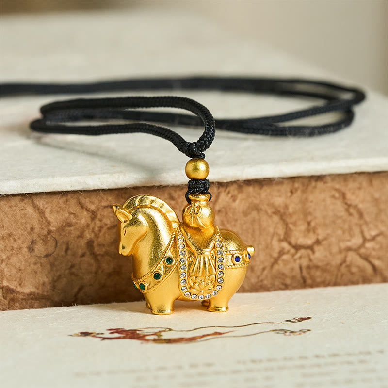 Buddha Stones Year Of The Horse 24k Gold Plated Brass Rope Cord Necklace Pendant - image 1