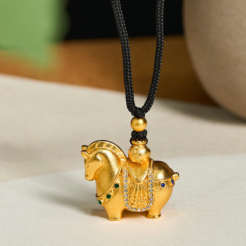 Buddha Stones Year Of The Horse 24k Gold Plated Brass Rope Cord Necklace Pendant - Horse Black Rope(Length: 70cm) - image 0