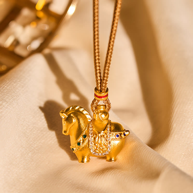 Buddha Stones Year Of The Horse 24k Gold Plated Brass Rope Cord Necklace Pendant - image 11