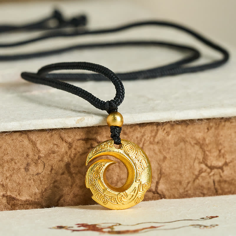Buddha Stones 24k Gold Plated Brass Peace Buckle Black Rope Auspicious Necklace Pendant - image 1