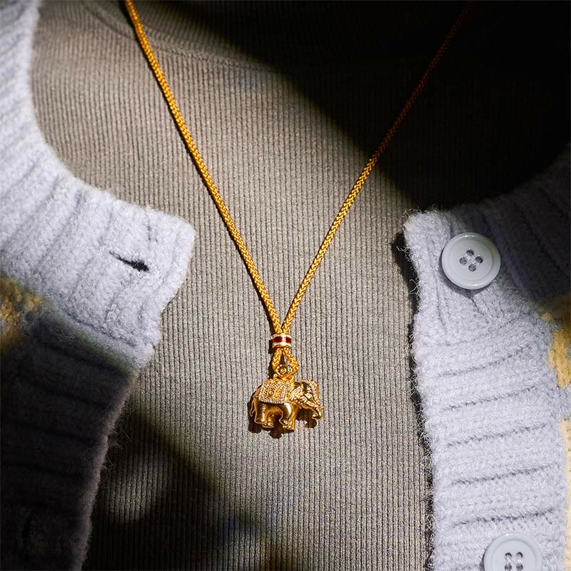 Buddha Stones 24k Gold Plated Brass Elephant Charm Strength Rope Necklace Pendant - image 6