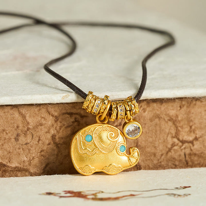 Buddha Stones Elephant Symbol 24k Gold Plated Brass Strength Rope Necklace Pendant - image 1