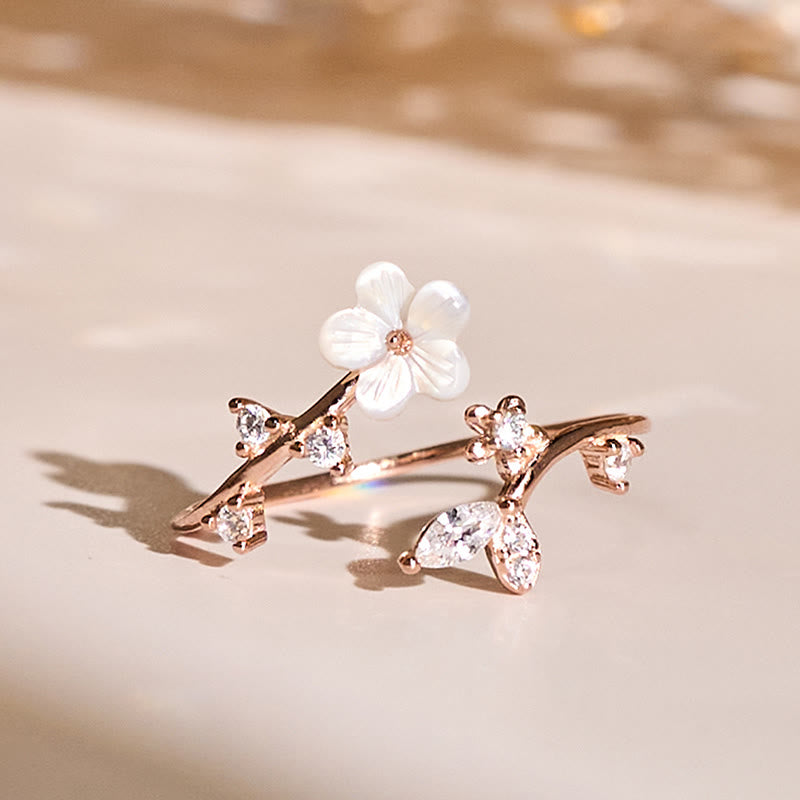 Buddha Stones 925 Sterling Silver White Flower Design Adjustable Blessing Ring - Rose Gold - image 0