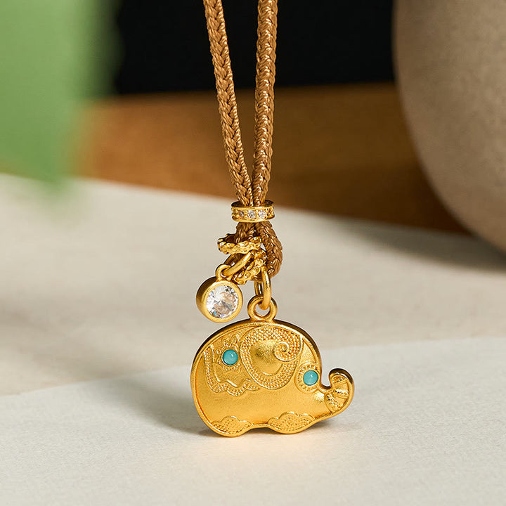 Buddha Stones 24k Gold Plated Brass Elephant Symbol Braided Cord Strength Necklace Pendant - Elephant - image 0