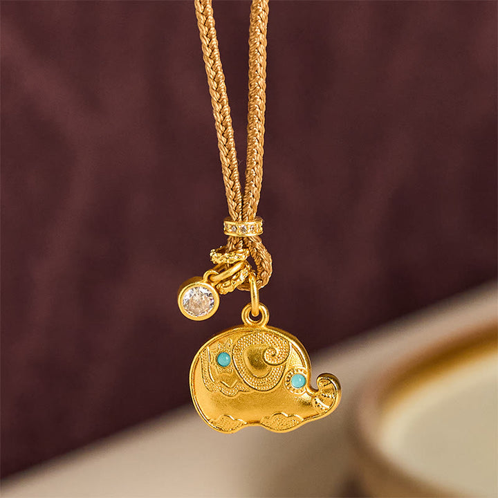 Buddha Stones 24k Gold Plated Brass Elephant Symbol Braided Cord Strength Necklace Pendant - image 2