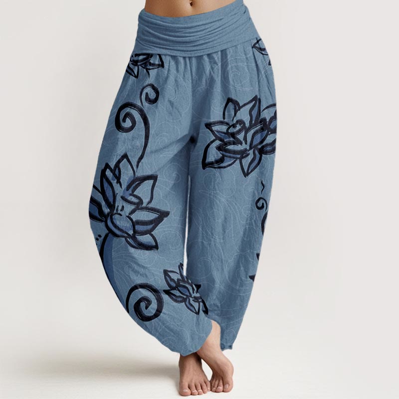Buddha Stones Cotton Casual Lotus Auspicious Clouds Design Women's Elastic Waist Harem Pants - MediumTurquoise - US22，UK/AU26，EU54 (6XL) - image 4