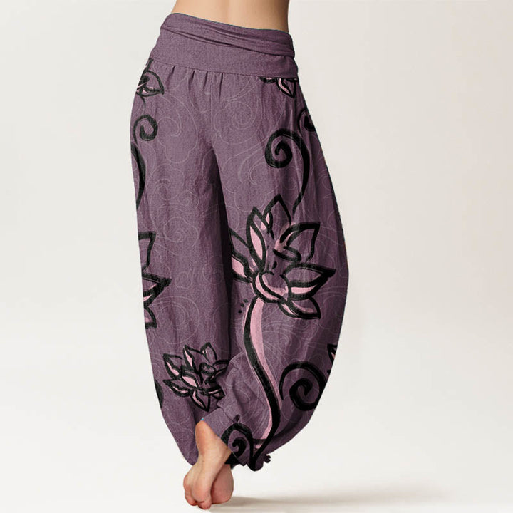 Buddha Stones Cotton Casual Lotus Auspicious Clouds Design Women's Elastic Waist Harem Pants - image 8