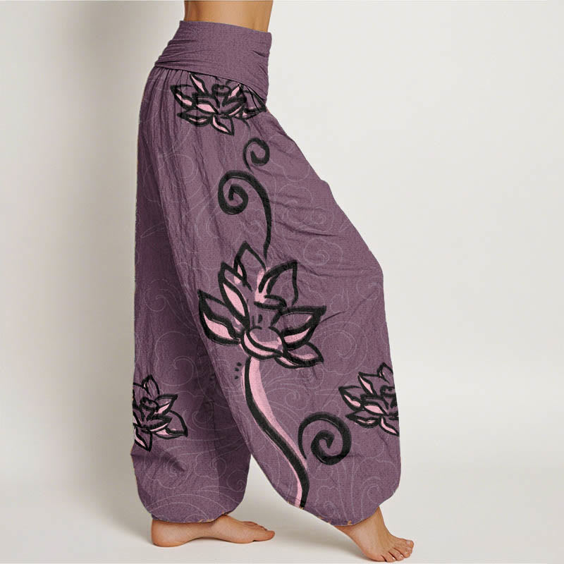 Buddha Stones Cotton Casual Lotus Auspicious Clouds Design Women's Elastic Waist Harem Pants - image 9