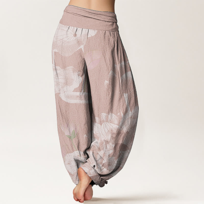 Buddha Stones Cotton Pink And White Lotus Women's Elastic Waist Harem Pants - image 1