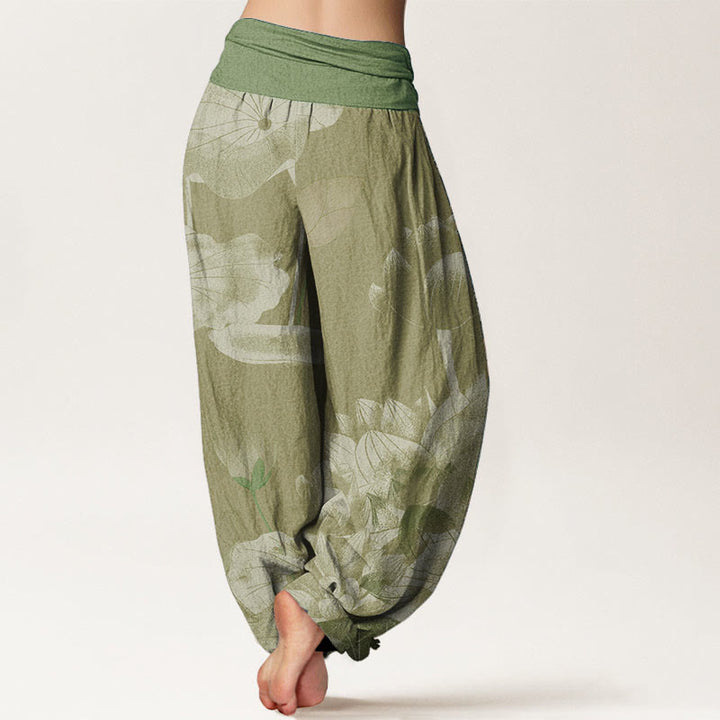 Buddha Stones Cotton Pink And White Lotus Women's Elastic Waist Harem Pants - image 8