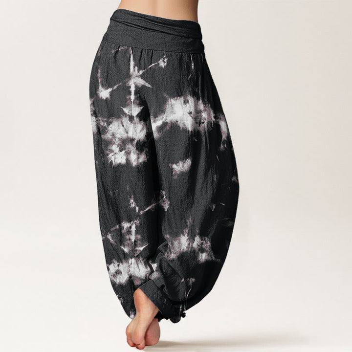 Buddha Stones Cotton White Lines Spots Tie-Dye Pattern Women's Elastic Waist Harem Pants - image 2