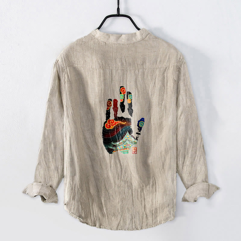 Buddha Stones Handprints Architecture Pattern Half Buttons Men's Cotton Linen Long Sleeve Shirt - Linen - US/UK/AU50，EU60 (5XL) - image 0