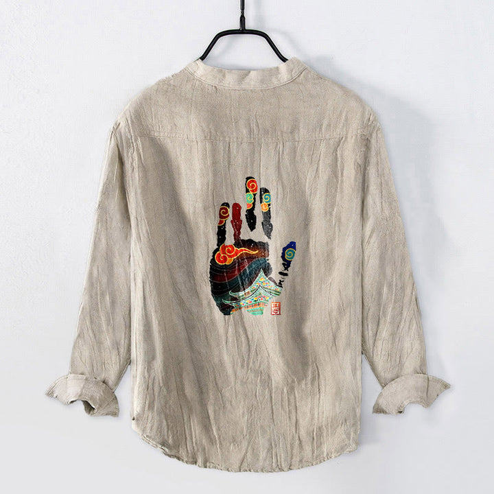 Buddha Stones Handprints Architecture Pattern Half Buttons Men's Cotton Linen Long Sleeve Shirt - Linen - US/UK/AU50，EU60 (5XL) - image 0