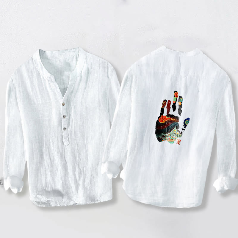 Buddha Stones Handprints Architecture Pattern Half Buttons Men's Cotton Linen Long Sleeve Shirt - image 8