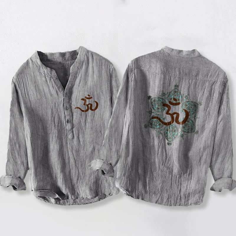 Buddha Stones Om Symbol Symmetrical Mandala Pattern Half Buttons Men's Cotton Linen Long Sleeve Shirt - Gray - US/UK/AU50，EU60 (5XL) - image 3