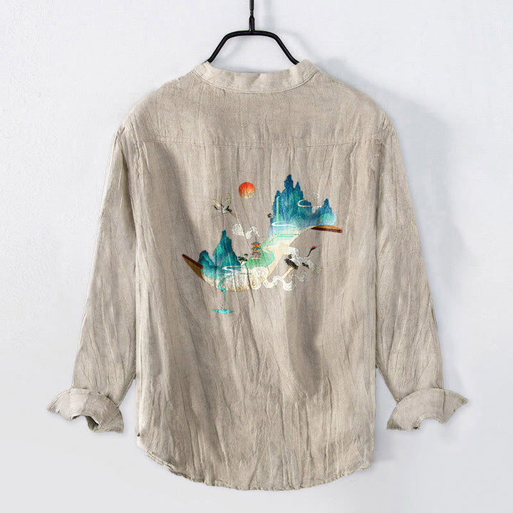 Buddha Stones Mountains Cranes Cloud Pattern Half Buttons Men's Cotton Linen Long Sleeve Shirt - image 5