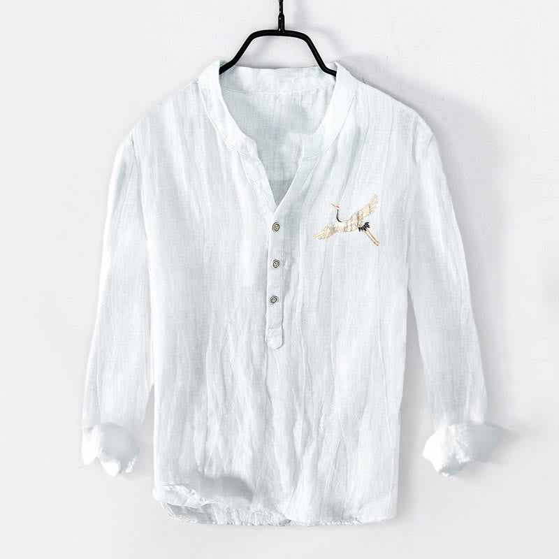 Buddha Stones Mountains Cranes Cloud Pattern Half Buttons Men's Cotton Linen Long Sleeve Shirt - image 7