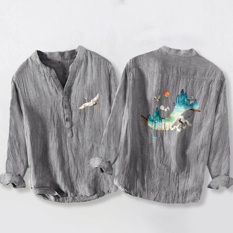 Buddha Stones Mountains Cranes Cloud Pattern Half Buttons Men's Cotton Linen Long Sleeve Shirt - Gray - US/UK/AU50，EU60 (5XL) - image 0