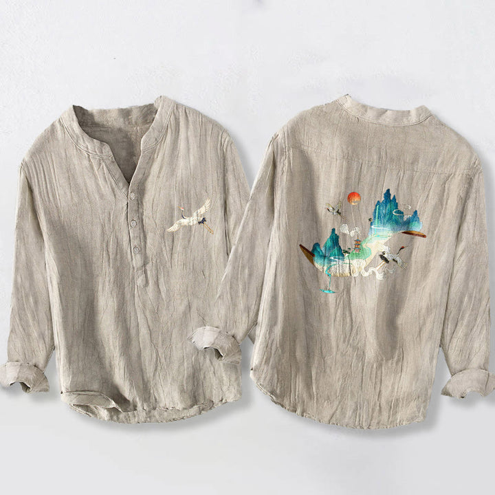 Buddha Stones Mountains Cranes Cloud Pattern Half Buttons Men's Cotton Linen Long Sleeve Shirt - Linen - US/UK/AU50，EU60 (5XL) - image 3