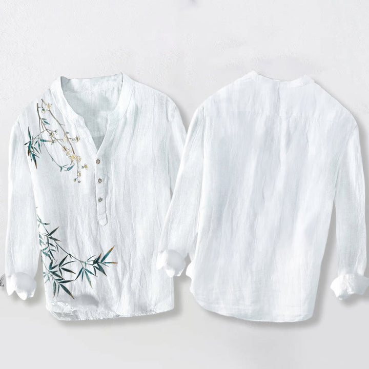 Buddha Stones Bamboo Leaves White Plum Blossoms Pattern Cotton Linen Men's Long Sleeve Shirt - image 8