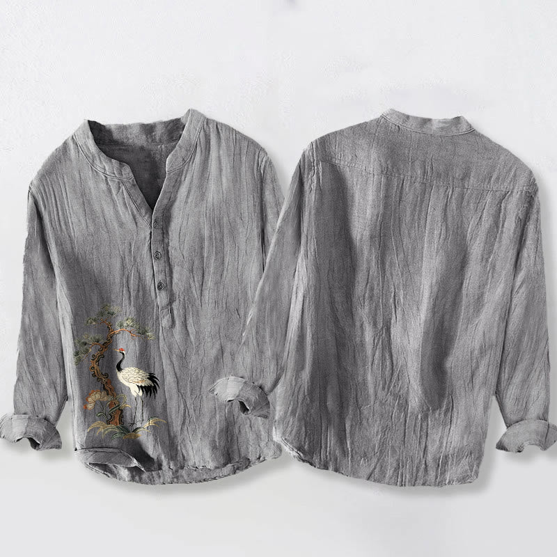 Buddha Stones Cranes Pine Tree Pattern Half Buttons Cotton Linen Men's Long Sleeve Shirt - image 5