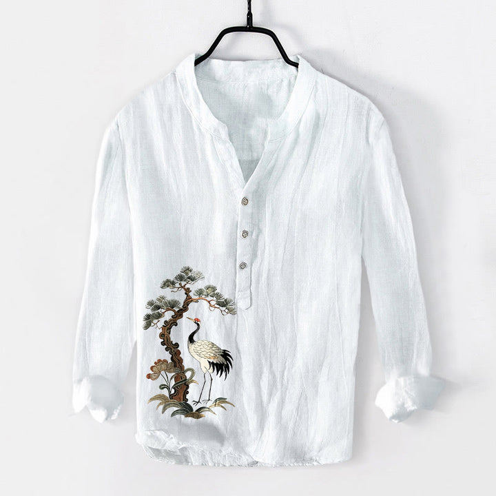Buddha Stones Cranes Pine Tree Pattern Half Buttons Cotton Linen Men's Long Sleeve Shirt - White - US/UK/AU50，EU60 (5XL) - image 6