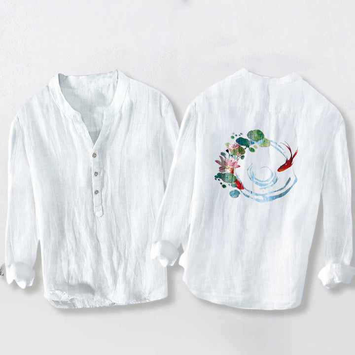 Buddha Stones Koi Fish Lotus Flowers Leaves Pattern Half Buttons Long Sleeve Men's Cotton Linen Shirt - image 8