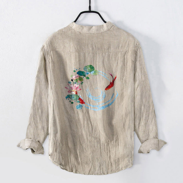 Buddha Stones Koi Fish Lotus Flowers Leaves Pattern Half Buttons Long Sleeve Men's Cotton Linen Shirt - Linen - US/UK/AU50，EU60 (5XL) - image 3