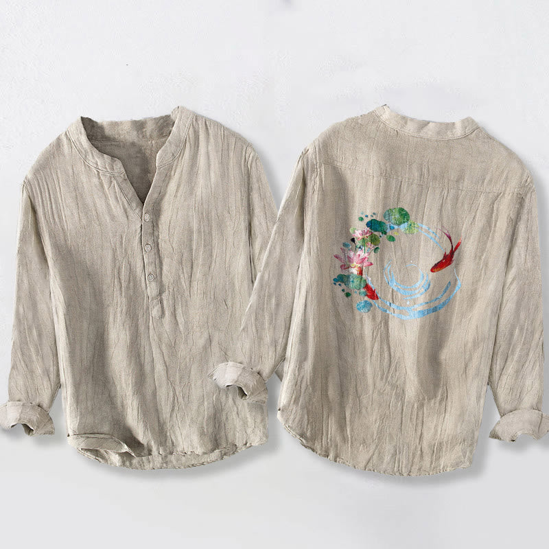 Buddha Stones Koi Fish Lotus Flowers Leaves Pattern Half Buttons Long Sleeve Men's Cotton Linen Shirt - image 5