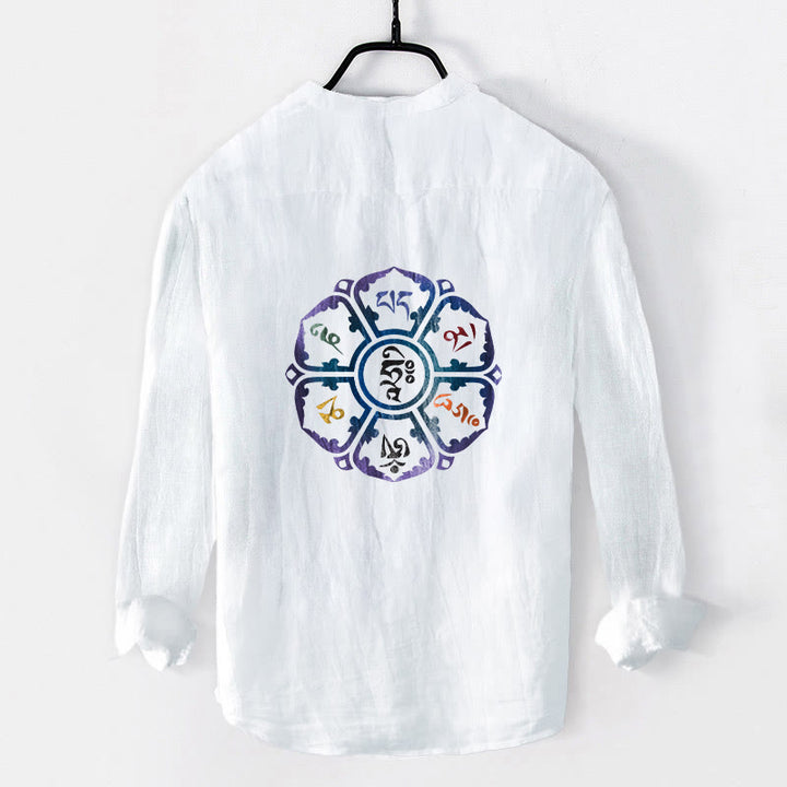 Buddha Stones Om Mani Padme Hum Colorful Mandala Pattern Half Buttons Long Sleeve Men's Cotton Linen Shirt - image 2