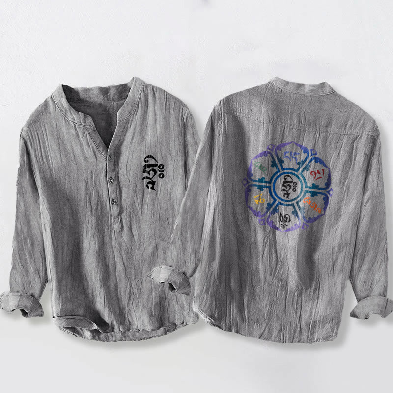 Buddha Stones Om Mani Padme Hum Colorful Mandala Pattern Half Buttons Long Sleeve Men's Cotton Linen Shirt - Gray - US/UK/AU50，EU60 (5XL) - image 6