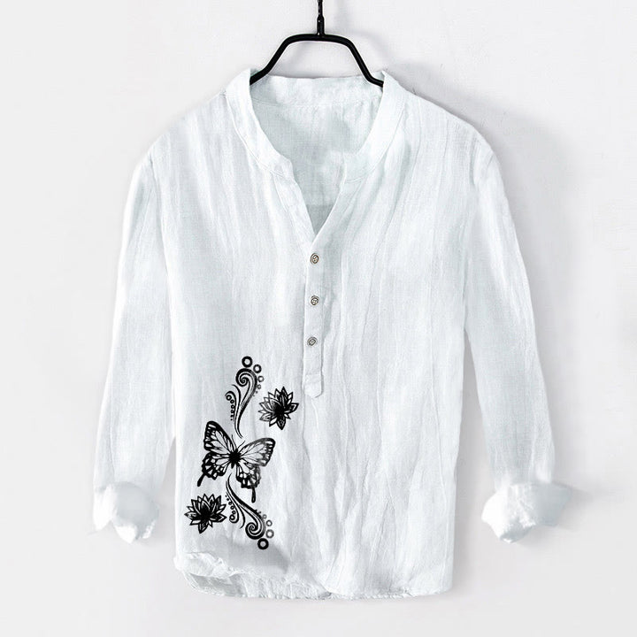 Buddha Stones Butterfly Lotus Pattern Half Buttons Long Sleeve Men's Cotton Linen Shirt - White - US/UK/AU50，EU60 (5XL) - image 6