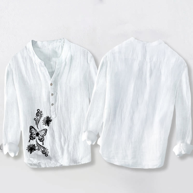 Buddha Stones Butterfly Lotus Pattern Half Buttons Long Sleeve Men's Cotton Linen Shirt - image 8