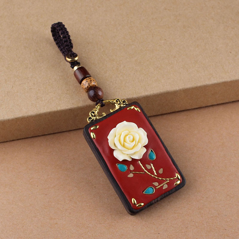 Buddha Stones Ebony Flower Koi Fish Fu Character Button Rope Key Chain - Brown Button Rope - Rose - image 1