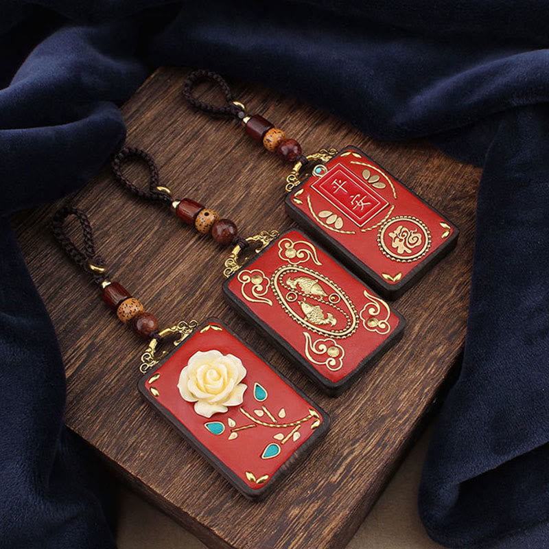 Buddha Stones Ebony Flower Koi Fish Fu Character Button Rope Key Chain - image 0