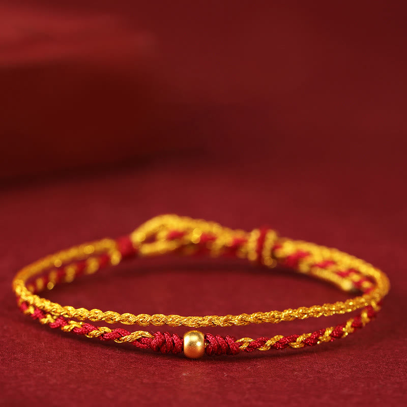 Buddha Stones 999 Gold Beads Copper Coin Double Wrap Golden Red String Connection Braided Bracelet - 999 Gold Single Bead - image 0