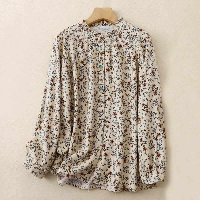 Buddha Stones Fall Floral Print Buttons Down Design Women's Cotton Long Sleeve Shirt - Cornsilk - US12，UK/AU16，EU44 (2XL) - image 7