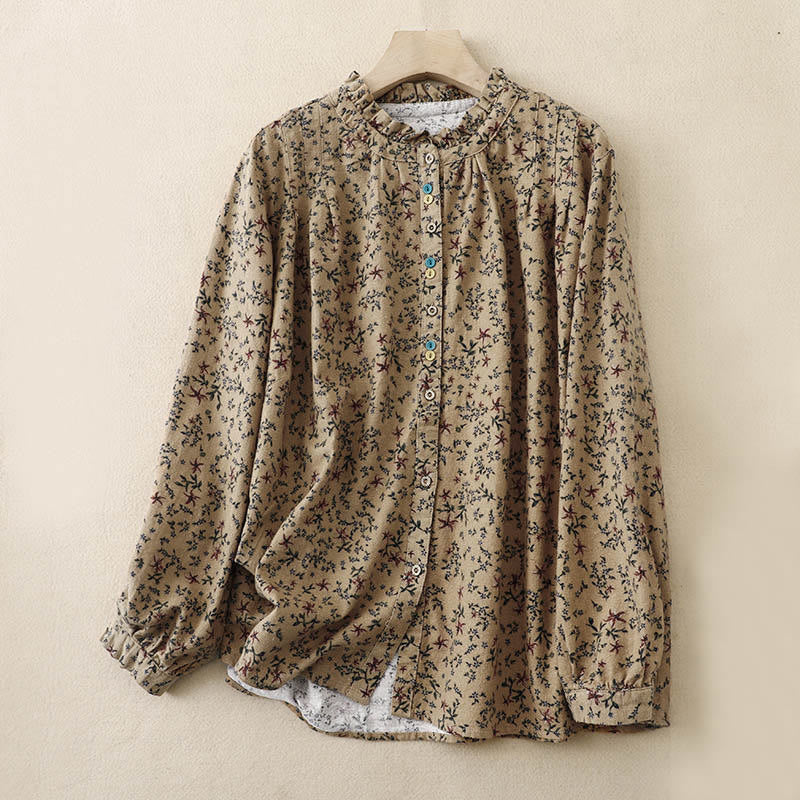 Buddha Stones Fall Floral Print Buttons Down Design Women's Cotton Long Sleeve Shirt - DarkKhaki - US12，UK/AU16，EU44 (2XL) - image 17